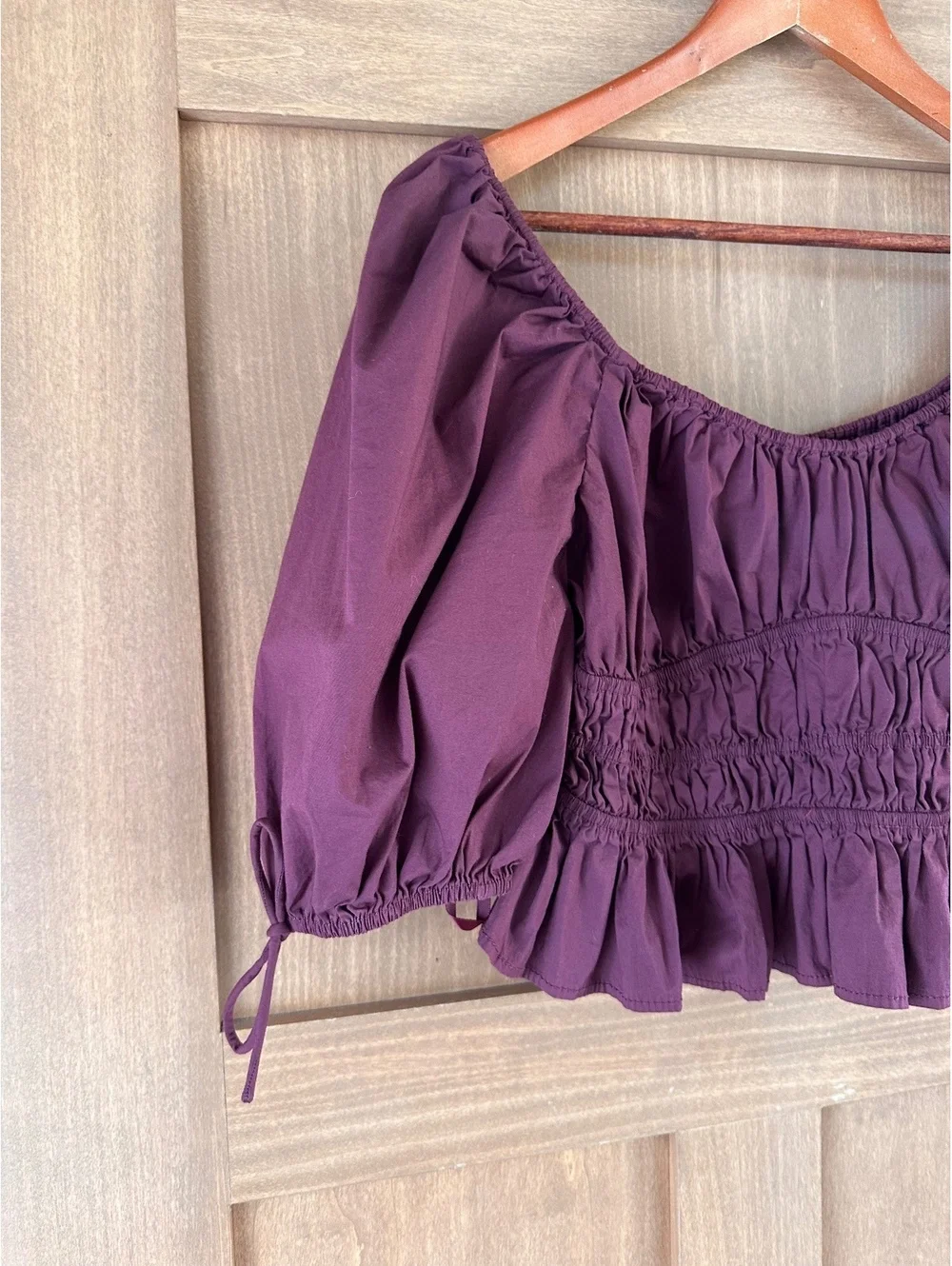 STAUD Faye Gathered Puff-Sleeve Crop Top Cotton in Plum Women’s size XL